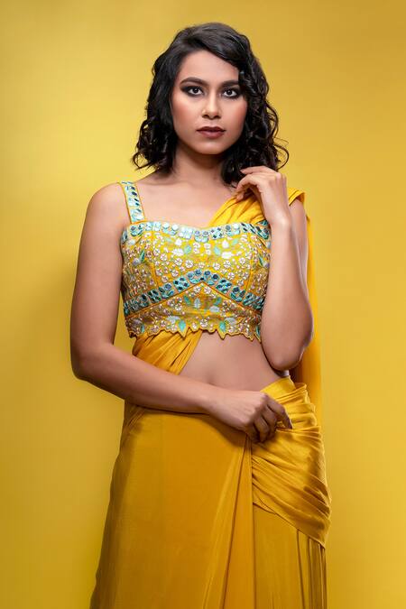 Shop_Shruti S_Yellow Saree Crepeblouse  Silk Mirror Work, Pre-draped With Embroidered_Online_at_Aza_Fashions