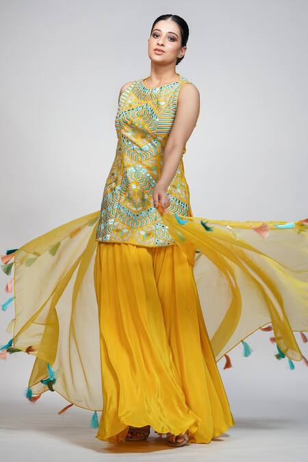 Buy_Shruti S_Yellow Kurta  Silksharara  Modal Satindupatta  Organza Embroidered Set_Online_at_Aza_Fashions