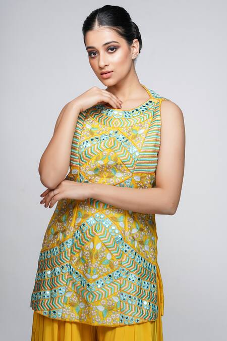 Shruti S_Yellow Kurta  Silksharara  Modal Satindupatta  Organza Embroidered Set_at_Aza_Fashions