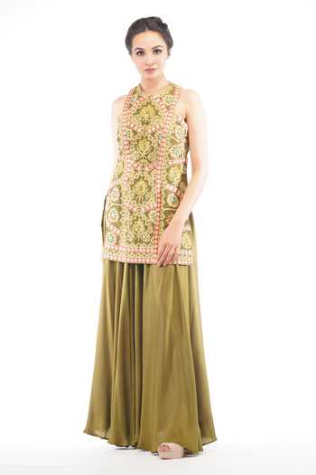 Buy_Shruti S_Green Silk, Organza, Modal Satin Floral Motifs Embroidered Kurta Sharara Set _Online_at_Aza_Fashions