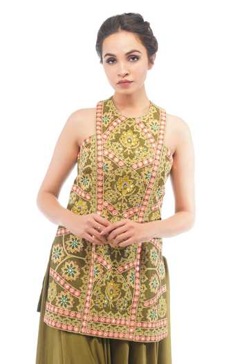 Shop_Shruti S_Green Silk, Organza, Modal Satin Floral Motifs Embroidered Kurta Sharara Set _Online_at_Aza_Fashions