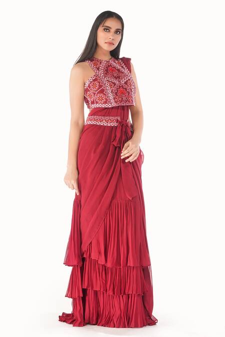 Shruti S_Red Saree Georgetteblouse  Silk Mirror Work, Ruffle Pre-draped With Blouse_Online_at_Aza_Fashions