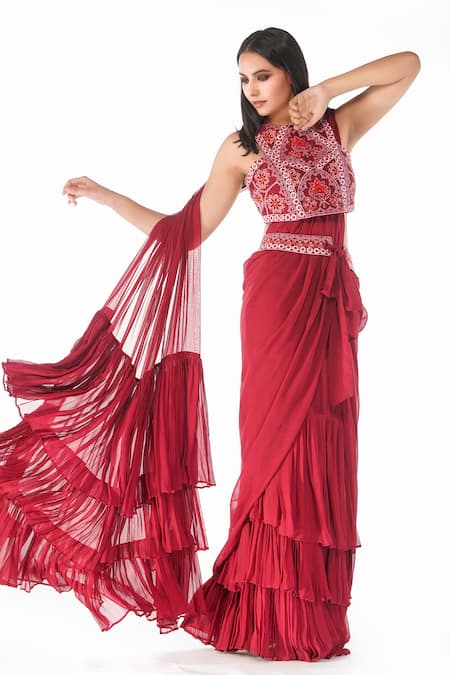 Shruti S Red Saree Georgetteblouse  Silk Mirror Work, Ruffle Pre-draped With Blouse 