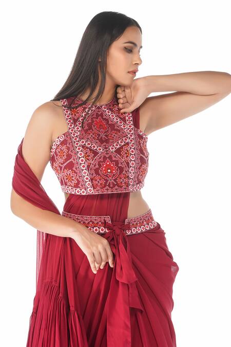 Shop_Shruti S_Red Saree Georgetteblouse  Silk Mirror Work, Ruffle Pre-draped With Blouse_Online_at_Aza_Fashions
