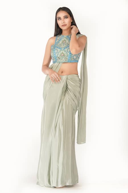 Shruti S Green Saree Crepeblouse  Silk Mirror Work, Resham Pre-draped With Embroidered 