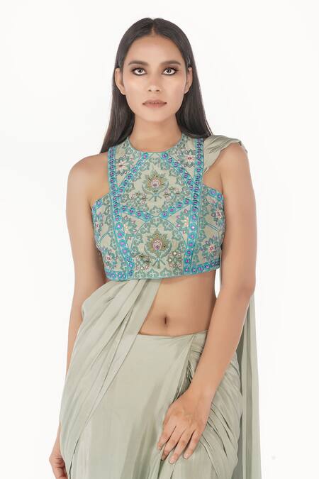 Buy_Shruti S_Green Saree Crepeblouse  Silk Mirror Work, Resham Pre-draped With Embroidered_Online_at_Aza_Fashions