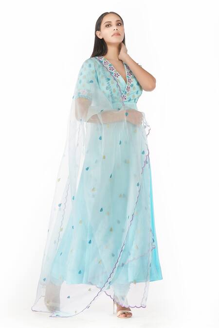 Shruti S_Blue Anarkali Modal Satinchuridar  Shantoondupatta  Organza Sheer Panel Set_Online_at_Aza_Fashions
