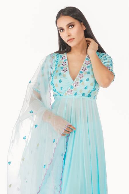 Buy_Shruti S_Blue Anarkali Modal Satinchuridar  Shantoondupatta  Organza Sheer Panel Set_Online_at_Aza_Fashions