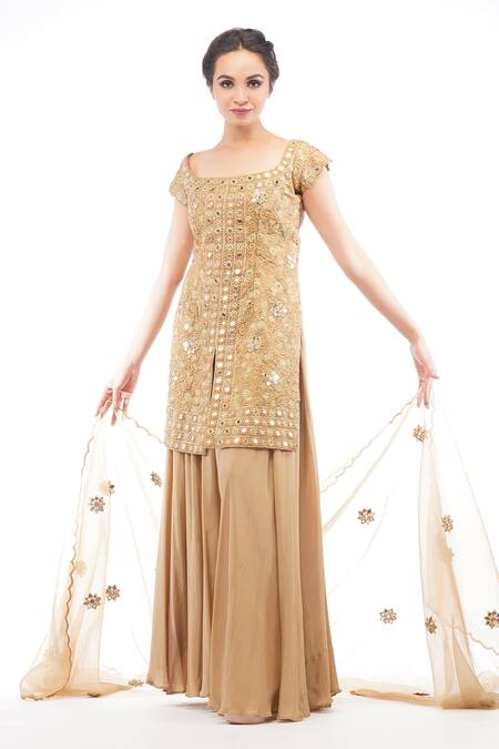 Shruti S_Gold Organza, Modal Satin Cutwork, Floral, Embroidered Kurta Sharara Set_Online_at_Aza_Fashions