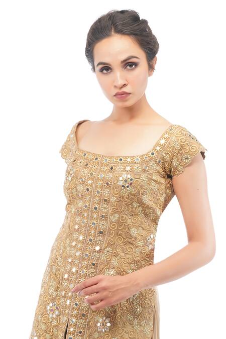 Buy_Shruti S_Gold Organza, Modal Satin Cutwork, Floral, Embroidered Kurta Sharara Set_Online_at_Aza_Fashions