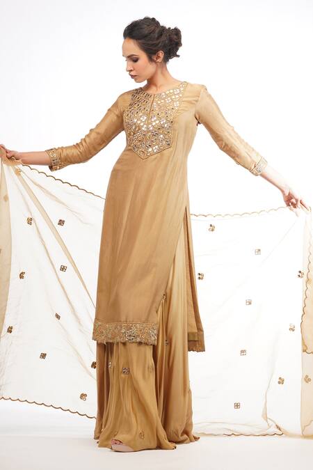 Shruti S_Gold Organza, Modal Satin, Habutai Silk Cutwork, Embroidered Kurta Sharara Set_Online_at_Aza_Fashions