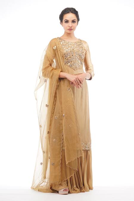 Buy_Shruti S_Gold Organza, Modal Satin, Habutai Silk Cutwork, Embroidered Kurta Sharara Set_Online_at_Aza_Fashions