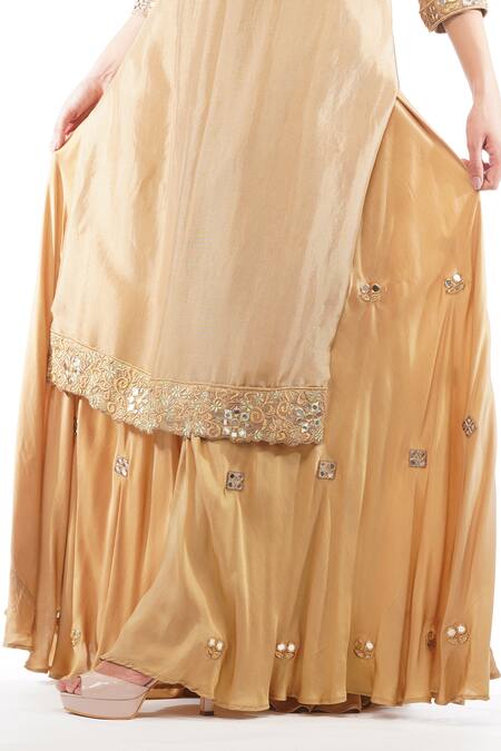 Shop_Shruti S_Gold Organza, Modal Satin, Habutai Silk Cutwork, Embroidered Kurta Sharara Set_Online_at_Aza_Fashions