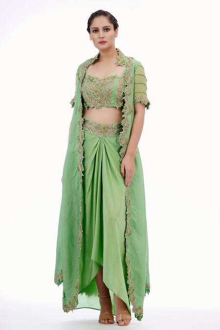 Buy_Shruti S_Green Crop Top Silkskirt  Crepecape  Silksleeves  Georgette Cape Set _Online_at_Aza_Fashions