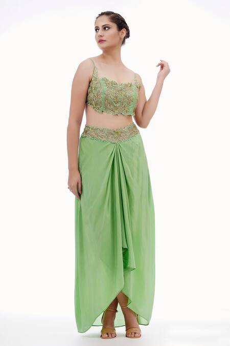 Shop_Shruti S_Green Crop Top Silkskirt  Crepecape  Silksleeves  Georgette Cape Set _Online_at_Aza_Fashions