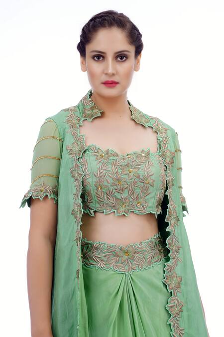 Shruti S_Green Crop Top Silkskirt  Crepecape  Silksleeves  Georgette Cape Set _at_Aza_Fashions