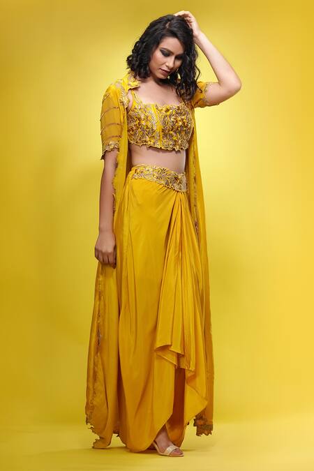 Buy_Shruti S_Yellow Crop Top Silkskirt  Crepecape  Silksleeves  Georgette Cape Set_Online_at_Aza_Fashions