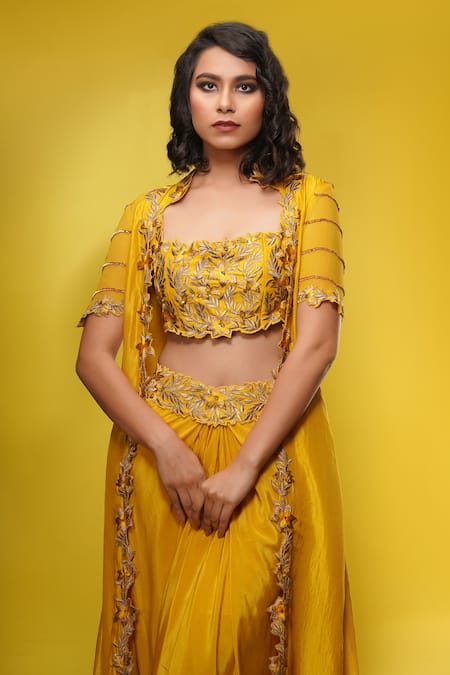 Shop_Shruti S_Yellow Crop Top Silkskirt  Crepecape  Silksleeves  Georgette Cape Set_Online_at_Aza_Fashions