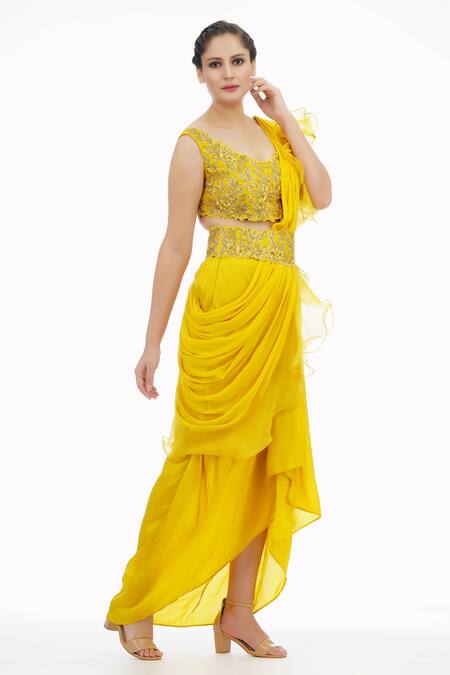 Shruti S_Yellow Blouse Silkdhoti  Silkruffles  Organzadrape  Pre-draped Saree With_Online_at_Aza_Fashions