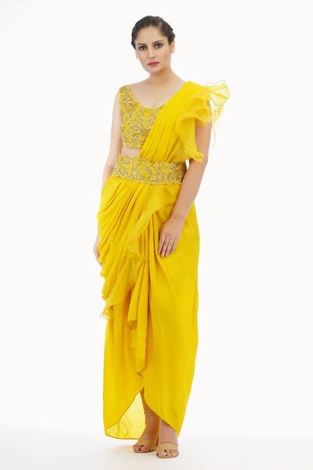 Shop_Shruti S_Yellow Blouse Silkdhoti  Silkruffles  Organzadrape  Pre-draped Saree With_Online_at_Aza_Fashions