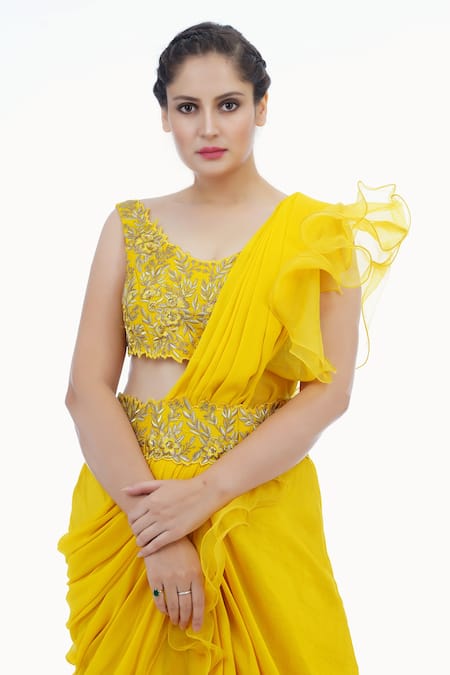 Shruti S_Yellow Blouse Silkdhoti  Silkruffles  Organzadrape  Pre-draped Saree With_at_Aza_Fashions