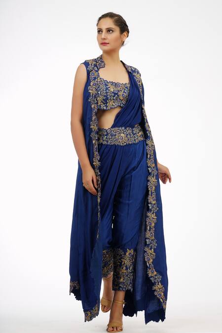 Shruti S_Blue Blouse Silkpants  Silkjacket  Embroidered Pre-draped Saree Set_Online_at_Aza_Fashions