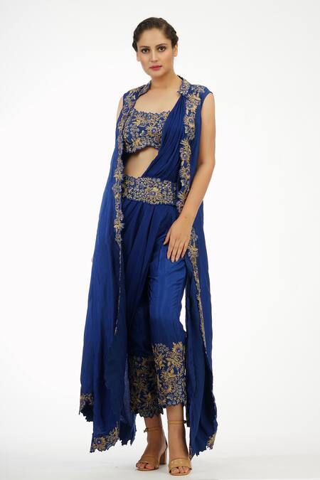 Buy_Shruti S_Blue Blouse Silkpants  Silkjacket  Embroidered Pre-draped Saree Set_Online_at_Aza_Fashions