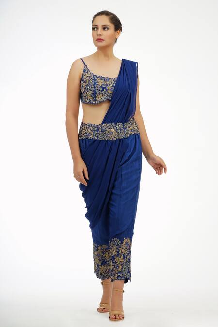 Shop_Shruti S_Blue Blouse Silkpants  Silkjacket  Embroidered Pre-draped Saree Set_Online_at_Aza_Fashions