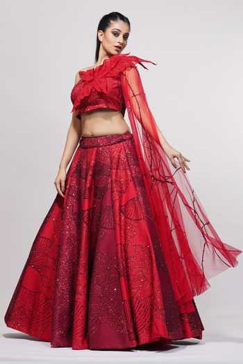 Shop Shruti S Red Raw Silk Leaf, Sequin, Threadwork, Zari One Embroidered Lehenga And Blouse Set Online at Aza Fashions Shop_Shruti S_Red Raw Silk Leaf, Sequin, Threadwork, Zari One Embroidered Lehenga And Blouse Set _Online_at_Aza_Fashions