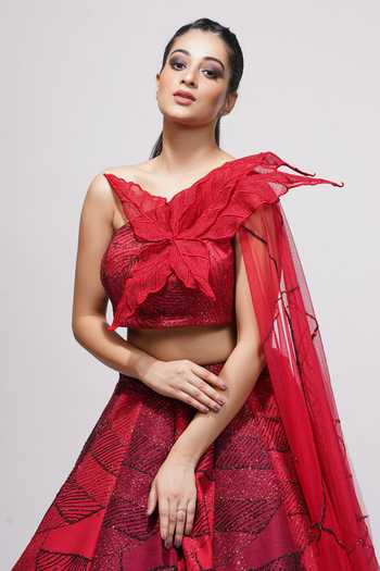 Shruti S Red Raw Silk Leaf, Sequin, Threadwork, Zari One Embroidered Lehenga And Blouse Set at Aza Fashions Shruti S_Red Raw Silk Leaf, Sequin, Threadwork, Zari One Embroidered Lehenga And Blouse Set _at_Aza_Fashions