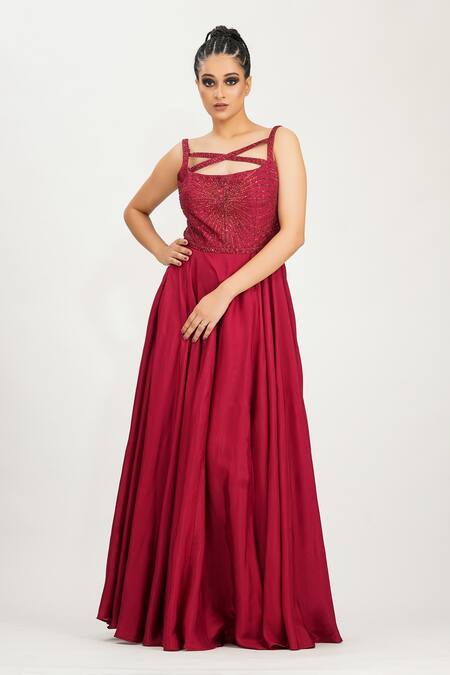 Shruti S_Red Silk Sequin Embroidered Gown _Online_at_Aza_Fashions