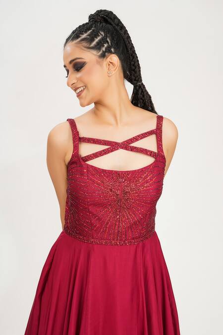 Shop_Shruti S_Red Silk Sequin Embroidered Gown _Online_at_Aza_Fashions