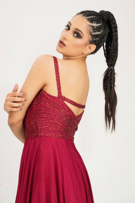 Shruti S_Red Silk Sequin Embroidered Gown _at_Aza_Fashions
