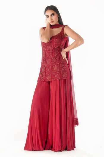 Shruti S_Red Dupatta Georgette, Kurta Star Net, Sharara Crepe Embroidered Set _Online_at_Aza_Fashions