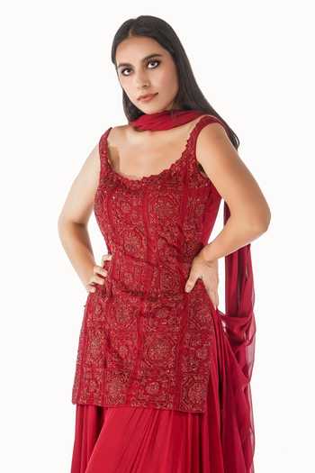 Buy_Shruti S_Red Dupatta Georgette, Kurta Star Net, Sharara Crepe Embroidered Set _Online_at_Aza_Fashions