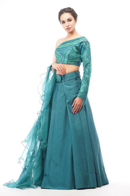 Shruti S_Blue Silk, Organza Pearl, Sequin Asymmetric One Shoulder Blouse And Lehenga Set_Online_at_Aza_Fashions
