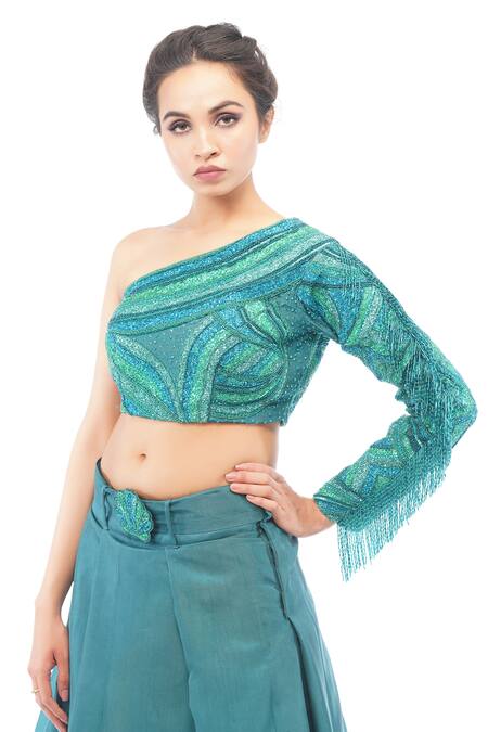 Buy_Shruti S_Blue Silk, Organza Pearl, Sequin Asymmetric One Shoulder Blouse And Lehenga Set_Online_at_Aza_Fashions