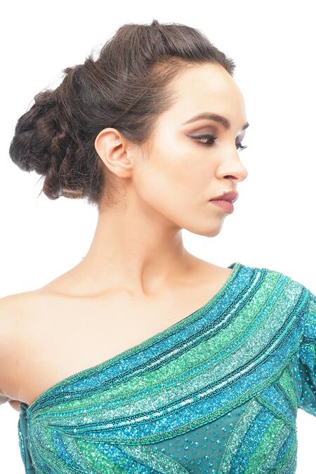 Shop_Shruti S_Blue Silk, Organza Pearl, Sequin Asymmetric One Shoulder Blouse And Lehenga Set_Online_at_Aza_Fashions