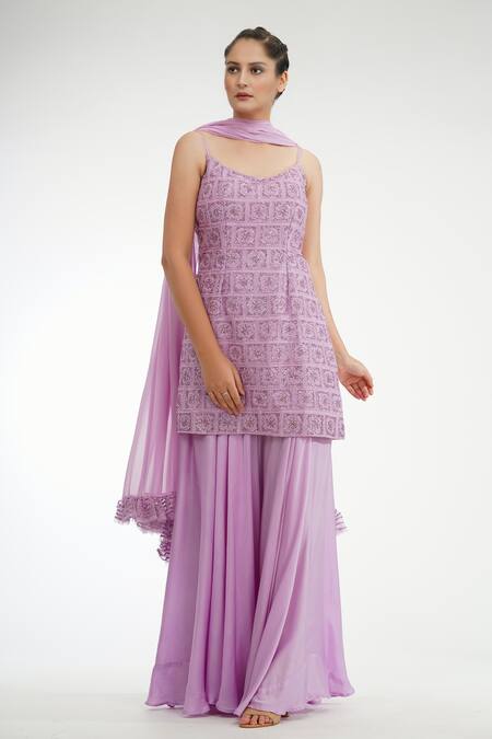 Shruti S_Purple Silk, Georgette, Modal Satin Floral, Embroidered Kurta Sharara Set_Online_at_Aza_Fashions