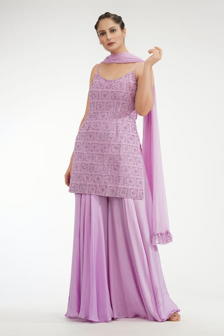 Buy_Shruti S_Purple Silk, Georgette, Modal Satin Floral, Embroidered Kurta Sharara Set_Online_at_Aza_Fashions