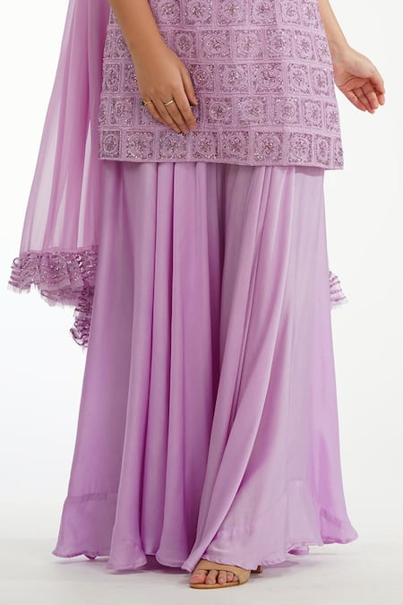 Shop_Shruti S_Purple Silk, Georgette, Modal Satin Floral, Embroidered Kurta Sharara Set_Online_at_Aza_Fashions