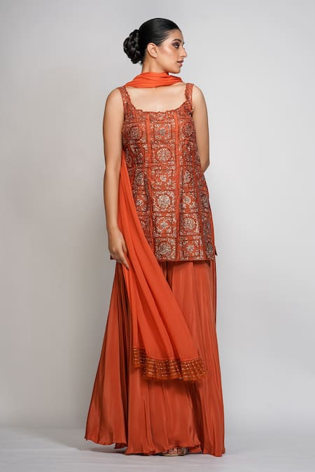 Buy_Shruti S_Orange Dupatta Georgette, Kurta Silk, Sharara Crepe Embroidered Set_Online_at_Aza_Fashions