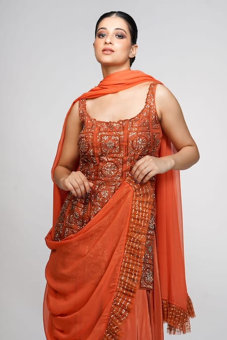 Shop_Shruti S_Orange Dupatta Georgette, Kurta Silk, Sharara Crepe Embroidered Set_Online_at_Aza_Fashions