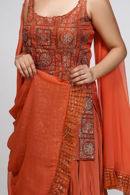 Shruti S_Orange Dupatta Georgette, Kurta Silk, Sharara Crepe Embroidered Set_at_Aza_Fashions