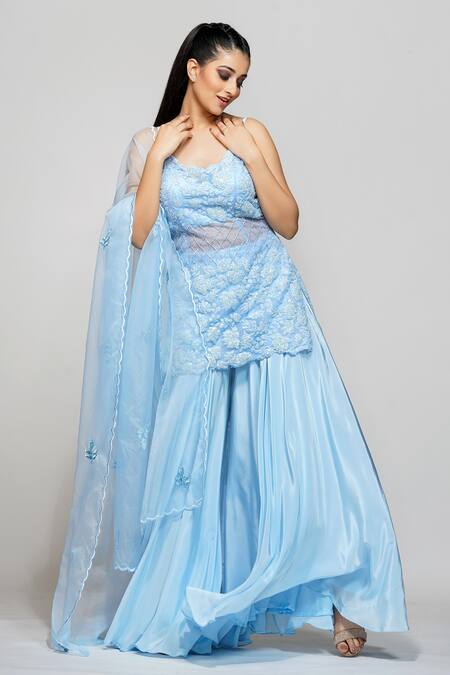 Shruti S_Blue Kurta Star Netsharara  Crepedupatta  Organza Sequin Upcycled Set_Online_at_Aza_Fashions