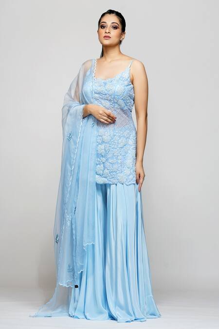 Buy_Shruti S_Blue Kurta Star Netsharara  Crepedupatta  Organza Sequin Upcycled Set_Online_at_Aza_Fashions