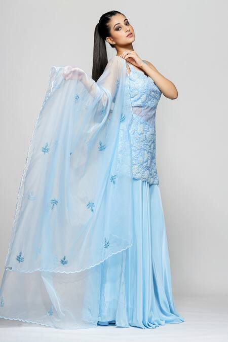 Shop_Shruti S_Blue Kurta Star Netsharara  Crepedupatta  Organza Sequin Upcycled Set_Online_at_Aza_Fashions