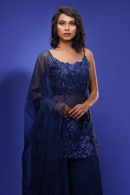 Shruti S_Blue Kurta Star Netsharara  Crepedupatta  Organza Sequin Upcycled Set_Online_at_Aza_Fashions