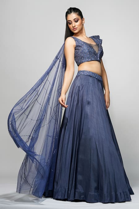 Shruti S_Blue Silk, Star Net Sequin, Threadwork Square Embroidered Blouse And Lehenga Set_Online_at_Aza_Fashions