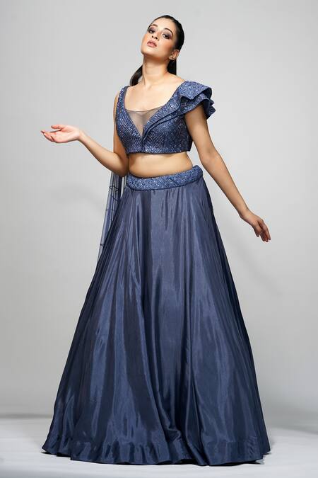 Shop_Shruti S_Blue Silk, Star Net Sequin, Threadwork Square Embroidered Blouse And Lehenga Set_Online_at_Aza_Fashions